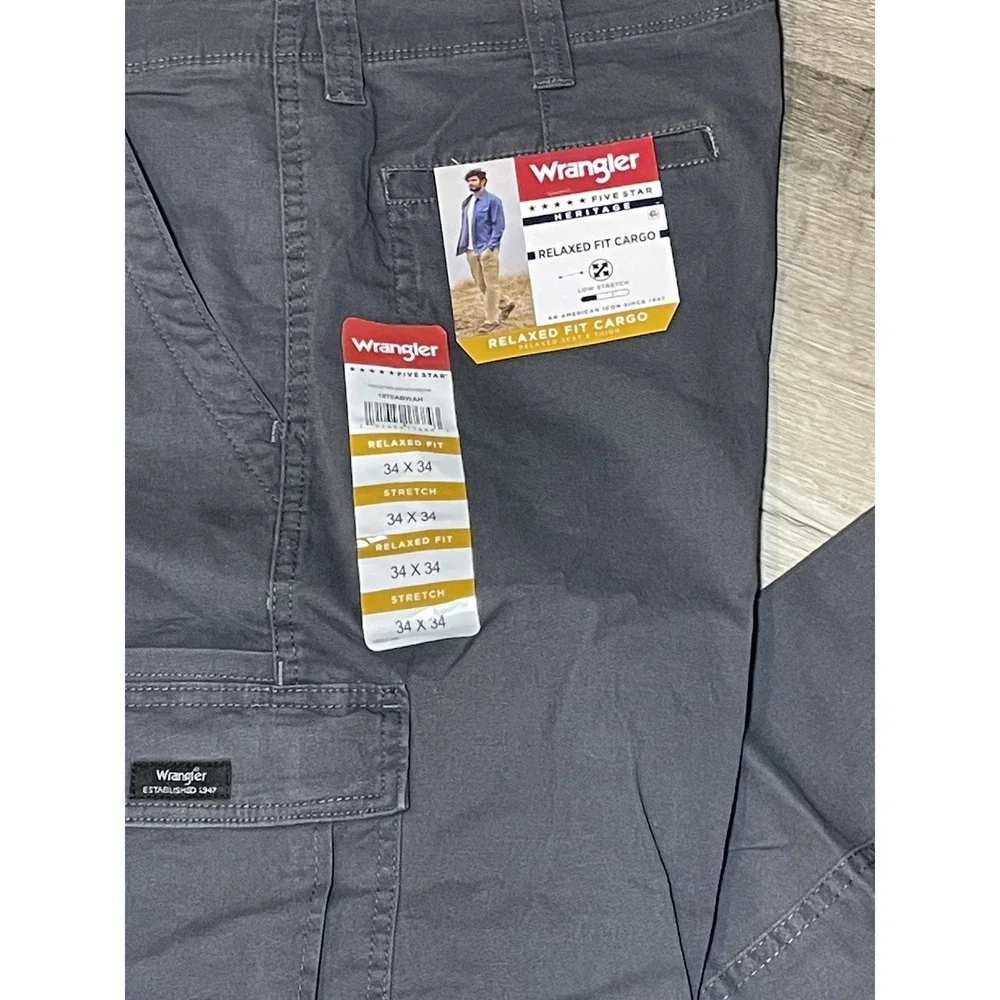 Men's Wrangler Cargo Pants Relaxed Fit Gray Five Star Heritage NEW 34x34